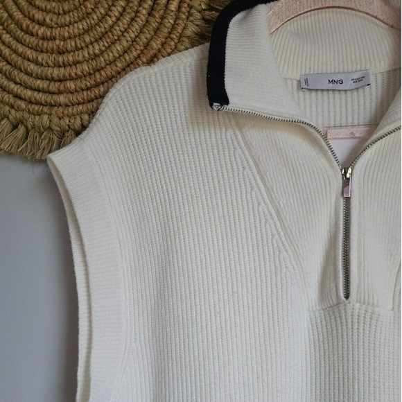 Mango MNG New White Stripe Preppy 1/2 Zip Collar Sweater Vest SZ XXL 90s Preppy - Picture 4 of 10